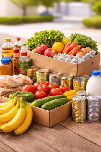 Box of fresh groceries including fruits, vegetables, bread, milk, and canned food for food assistance programs