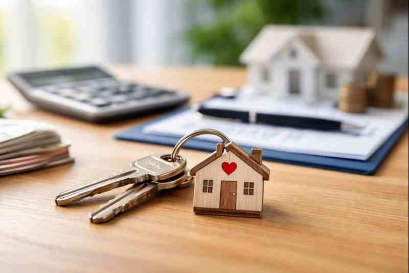 Home keys and house model symbolizing housing assistance and rental help