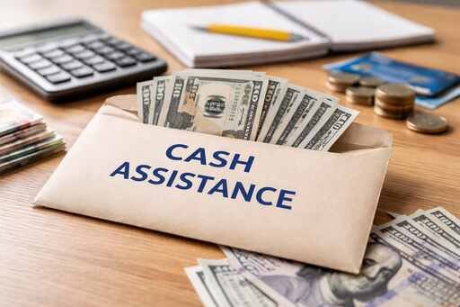 Envelope and household budget items representing cash assistance and emergency financial help